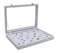 BELLE VOUS Bandeja Organizador de Joyas Terciopelo Gris Joyero para Anillos 7 Ranuras con Tapa - Expositor de Joyas con Tapa de Cristal Transparente para Anillos, Pendientes y Gemelos
