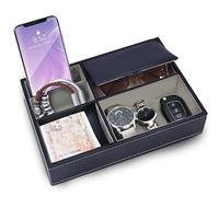 BELLE VOUS Bandeja para Dejar Llaves Piel Sintética Azul Marino - 5 Compartimentos Organizador Cómoda/Mesa de Noche - Bandeja Vaciabolsillos - Billetera, Teléfono, Joyas, Accesorios, Dinero, Gemelos