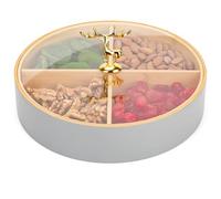 BELLE VOUS Bandeja redonda para servir con tapa y 4 compartimentos, 25 cm, bandeja de bambú para frutos secos, frutas secas, dulces, bolsas de té, artículos de recuerdo y joyas