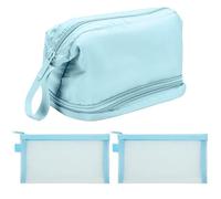BELLE VOUS Bolsa de maquillaje y cosméticos de viaje azul - Bolsa organizadora portátil de doble capa de gran capacidad para maquillaje, accesorios de aseo y brochas - Bolsa de cosméticos para mujeres