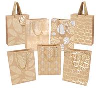 Belle Vous Bolsa Regalo Kraft Marrón con Diseños Dorados y Plateados Metálicos, Asa Dorada y Etiquetas (Pack de 15) Bolsas Regalo de 18 x 8,5 x 24 cm - Cumpleaños, Fiestas, Bodas, Baby Shower