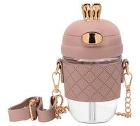 BELLE VOUS Botella Agua con Pajita y Correa - Botella de Plástico Sin BPA 380ml con Tapa Antigoteo - Botella Agua Gimnasio Oficina con Cadena - Vaso con Tapa y Pajita - Color Rosa