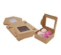 BELLE VOUS Cajas para Tartas de Papel Kraft Marrón con Ventana (Pack de 50) - 15,2 x 15,5 x 6,3 cm - Cajas Cupcakes, Galletas, Magdalenas, Postres - Cajas Repostería Carton Desechable
