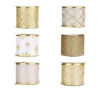BELLE VOUS Cinta Organza de Navidad (Pack de 6) 5,5M x 63mm de Ancho Cinta de Navidad Organza Dorada con Diseños Variados - Decoración Árbol de Navidad - Cinta Organza para Envolver, Moños, Regalos