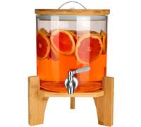 Belle Vous Dispensador de Bebida con Grifo - Garrafa de Cristal de 5L de Boca Ancha con Tapa y Soporte de Bambú - Tarro para Agua Zumos Refrescos y Bebidas Frias y Calientes