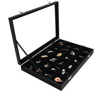 Belle Vous Expositor de Joyas Negro de Terciopelo Caja Bandeja Organizador - 24 Secciones y Tapa de Vidrio - Caja para Pendientes, Anillos, Collares, Brazaletes y Relojes - Joyero Terciopelo Ajustable