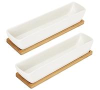 BELLE VOUS Macetas Decorativas Cerámica Blanca Rectangular con Bandeja de Bambú (Pack de 2) 24 x 5,5 x 4 cm - Maceteros Decorativos Interior/Exterior Tiestos para Plantas en Casa, Oficina, Escritorio