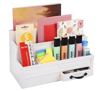 BELLE VOUS Organizador de Escritorio Blanco con 5 compartimentos y 1 cajón - Portalapices de Madera con Soporte para Documentos - Útiles y accesorios para el hogar, la oficina y la escuela