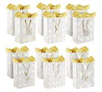 BELLE VOUS Pack de 12 Bolsas Regalo Navidad - 25,4 x 20 x 10,2 cm Medianas Doradas y Blanco Con Etiquetas y Papel Tisú Dorado Para Galletas, Regalos y Fiestas