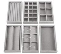 Belle Vous (Pack de 6) Organizador de Joyas para Cajones de Terciopelo Gris Apilable - 35 x 24 cm - 6 Bandeja Joyas Variadas - 36 Compartimentos en Total para Collares, Anillos, Brazaletes y Aretes