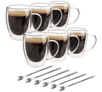 Belle Vous Pack de 6 Tazas de Cafe con Pared Doble - 350 ml Tazas Cristal con Asa - Vidrio de Borosilicato Resistente al Calor - Tazas de Te, Café, Capuchino y Late