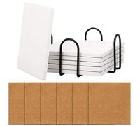 Belle Vous Paquete de 6 posavasos cuadrados blancos de cerámica con almohadillas de corcho y soporte, 10 x 10 cm, azulejos en blanco sin esmaltar para manualidades, pintura, vertido acrílico y tinta