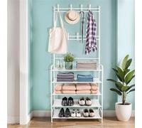 BELLE VOUS Perchero de Pie con Zapatero Blanco de 5 Niveles - Organizador con 8 Ganchos - Perchero Entrada, Pasillo, Dormitorio y Oficina