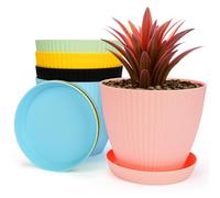 BELLE VOUS Set 5 Macetas Decorativas Pequeñas - Maceteros Decorativos de Interior de Colores - Tiestos de Plastico de 14,5 cm con Orificios de Drenaje y Platillos de Base