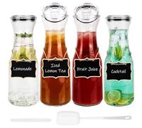 Belle Vous Set de Botellas de Cristal - 4x Botella de Agua de 1,1 L para Bebidas Frías y Calientes - Jarra de Vidrio con Tapa con 1x Cepillo de Limpieza 4x Etiquetas y 1x Rotulador