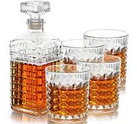 Belle Vous Set de Decantador Whisky de Vidrio (5 Piezas) 500 ml Garrafa para Licor con 4 Vasos Wishky Gravados de 260 ml - Set Decantador de Botella para Whisky, Vino, Brandy, Borbón y Otros Licores