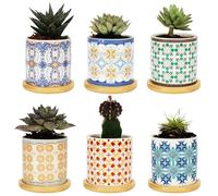 BELLE VOUS Set de Macetas Pequeñas de Ceramica - 6X Maceta Decorativa de Interior para Suculentas de 7,5 cm con Platillo de Bambú y Orificio de Drenaje - para Cactus o Suculenta