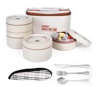 Belle Vous Set de Termo Fiambrera con Cubiertos - 4x Cajas Bento Apilables Beige de Acero Inoxidable con Bolsa Termica - Taper para Comida Caliente y Solidos de Adulto Niño o Bebe