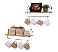 BELLE VOUS Set Estanteria de Pared - 2X Repisas de Madera para Cocina o Baño - Estanterias Decorativas con Riel y Ganchos - Estantería para Colgar Tazas Utensilios y Accesorios