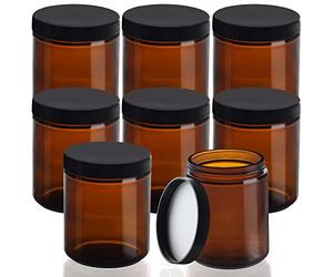 Belle Vous Tarros Cristal Ámbar Redondo (Pack de 8) 240 ml Botes de Cristal con Tapa - Vacíos Rellenables con Tapa Negra de Rosca - Cosméticos, Loción, Crema Facial, Aceites Esenciales, Maquillaje