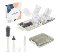 BELLEBEBE Set Escurre Biberones con Limpia Biberones - 6 en 1 Kit Cepillo con Escurre Plegable - Portátil - Transportable - Regalo para Bebé - SIN BPA - Beige