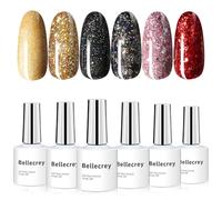 Bellecrey Juego de 6 botes de esmalte de uñas de gel con purpurina de 10 ml, kit de uñas de gel dorado y negro con purpurina, lámpara UV, arte de uñas, suministros de uñas rojas, juego de regalo para
