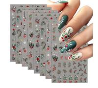 BelleFlair 8 hojas de stickers de uñas 5D Navidad, pegatinas autoadhesivas de invierno, tatuajes de uñas de copos de nieve y acebo para nail art, diseño de uñas de Año Nuevo, decoración festiva para