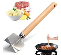 BelleFlair Picador de carne de acero inoxidable con mango de madera, machacador de carne y patatas, utensilio de cocina resistente al calor para hamburguesas, puré de verduras, machacador de patatas