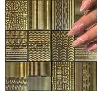 BelleVive 12 hojas de pegatinas doradas para uñas y nail art, calcomanías 3D, tiras metálicas autoadhesivas, pegatinas onduladas