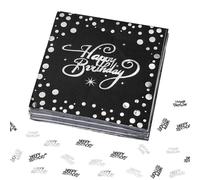 BelleVive 20 servilletas de cumpleaños con texto "Happy Birthday" en negro y plateado, servilletas de papel de aluminio negras para cumpleaños, color negro y plateado, decoración de cumpleaños, para