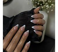 BelleVive 24 uñas blancas de manicura francesa, uñas cortas acrílicas de almendras naturales, color rosa desnudo, tamaño mediano, uñas postizas clásicas cortas de gel, uñas francesas