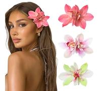 BelleVive 3 horquillas para el pelo con flores hawaianas para mujer, horquillas para el pelo con flores de orquídeas, horquillas para el pelo con flores artificiales de hibisco para bodas, ramos de