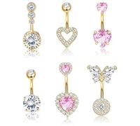 BelleVive 6 piezas de piercing para ombligo en forma de corazón, 14G, acero quirúrgico, hipoalergénico, mariposa de ópalo, anillos para ombligo para mujeres, circón, joyería para piercing corporal