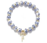 BelleVive Pulsera con Encanto de Lazo para Mujeres, Pulsera de Lazo, Pulsera Vintage de Flores, Hecha a Mano, Elástica, Perlas Doradas, Joya Romántica Delicada, Azul