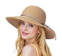 BelleVive Sombrero de Paja para Mujer, Protección UV SPF 50+ de Verano, Plegable y Portátil con Ala Ancha, Caqui