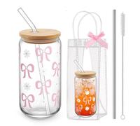 BelleVive Vaso estético con Lazo coqueto y Bolsa de Regalo Transparente, Vaso de Vidrio con Tapa y Pajita, 500 ml para café Helado, Batidos, Vaso de Cerveza, Taza de Moda