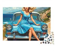 Belleza Retro Rompecabezas 1000 Piezas Pinup de Coche Azul Cartón Grueso para Adultos Decoración Pared para Decorar Mejor Regalo Oferta 70x50cm/1000pcs