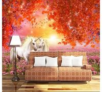 Belleza Rojo Hojas De Arce Caballo Blanco Puesta De Sol 3D Papel Pintado Pared Fácil Instalación Oficina Sala Estar Sofá Dormitorio TV Fondos Decoración-250cm×170cm