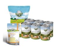 Bellfor Pack Antiparasitario Natural para Perros con Giardia - Comida Húmeda sin Cereales 6 x 400 g, Polvo Vermal Desparasitante 80 g y Cecina de Pollo 100 g
