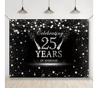 Bellimas Celebrando 25 años de matrimonio telón de fondo negro y plateado luces Champagne 25 aniversario fondo plateado decoración de fiesta de boda bandera con ojales de cobre