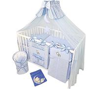 Bello24 - Juego Completo de 16 Piezas de Cuna y Ropa de Cama Happy Leo Incl. colchón Regulable en Altura para recién Nacidos y niños pequeños de Madera Maciza (Teddy Bear Moon - Azul)