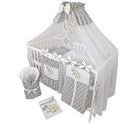 Bello24 - Juego Completo de 16 Piezas de Cuna y Ropa de Cama Timmi Incl. colchón Regulable en Altura para recién Nacidos y niños pequeños de Madera Maciza (Elefantes - Gris)