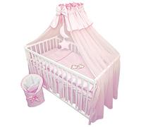 Bello24 - Juego Completo de Cuna y Ropa de Cama de 13 Piezas Happy Leo Incl. colchón Regulable en Altura para recién Nacidos y niños pequeños de Madera Maciza Bordada (Osito Luna Rosa)