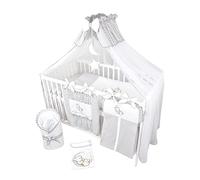 Bello24 - Juego Completo de Cuna y Ropa de Cama de 16 Piezas Happy Leo Incl. colchón Regulable en Altura para recién Nacidos y niños pequeños de Madera Maciza (Gris - Teddy Bear Moon)