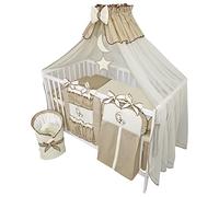 Bello24 - Juego Completo de Cuna y Ropa de Cama de 16 Piezas Timmi In olchón Regulable en Altura para recién Nacidos y niños pequeños de Madera Maciza Osito Luna Beige Oscuro