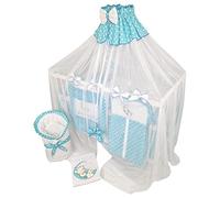 Bello24 - Set Completo de 16 Piezas de Cuna y Ropa de Cama Happy Leo Incl. colchón Regulable en Altura para recién Nacidos y niños pequeños de Madera Maciza (Teddy Bear Moon Azure Blue)