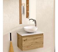 BELLOBATH - Mueble Baño Suspendido con Lavabo de Cerámica Redondo y Espejo, Mueble Baño con Lavabo Montado con 1 Cajón, 49,5 x 32 x 30 cm, Mueble Roble/Blanco