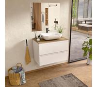 BELLOBATH - Mueble Baño Suspendido con Lavabo de Cerámica y Espejo, Mueble Baño con Lavabo Montado con 2 Cajones, 100 x 55 x 46 cm, Mueble Blanco y Tapa Roble