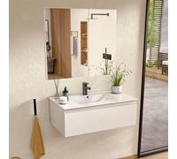 BELLOBATH - Mueble Baño Suspendido con Lavabo de Cerámica y Espejo, Mueble Baño con Lavabo Montado con 1 Cajón, 60 x 27 x 46 cm, Mueble Blanco
