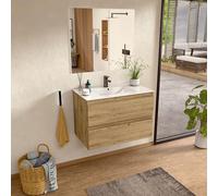 BELLOBATH - Mueble Baño Suspendido con Lavabo de Cerámica y Espejo, Mueble Baño con Lavabo Montado con 2 Cajones, 100 x 55 x 46 cm, Mueble Roble